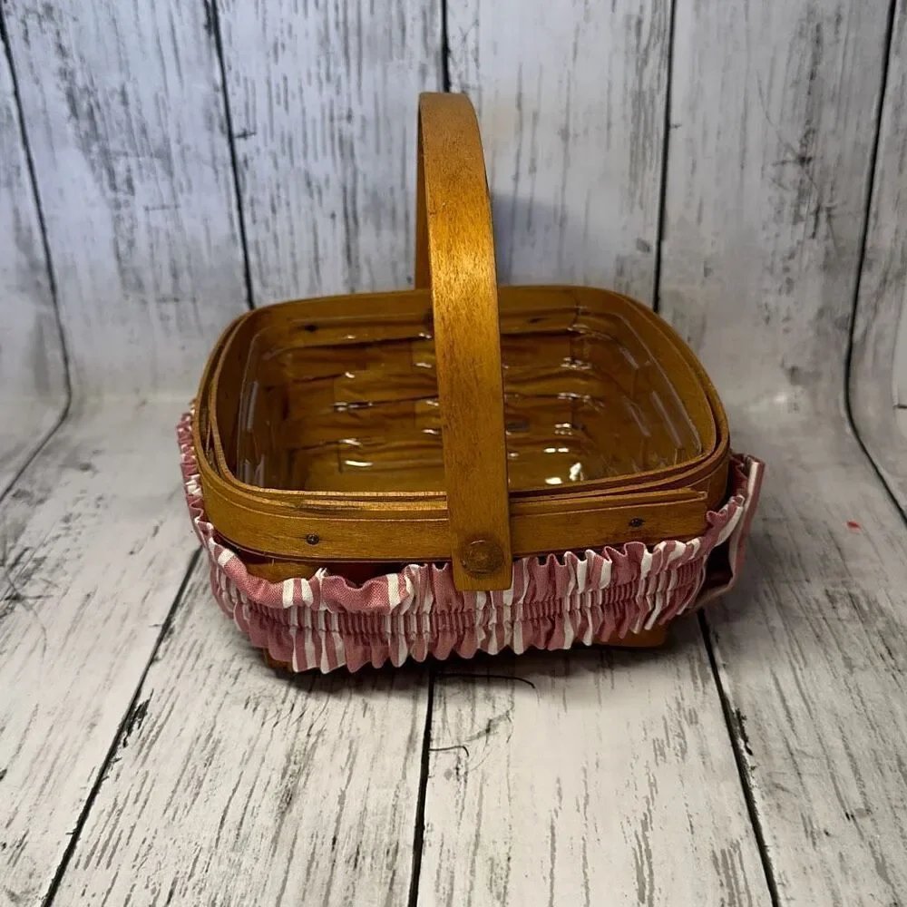 1999 Longaberger Handwoven Single Handle 6.5” Square Basket Pink Garter Protecto